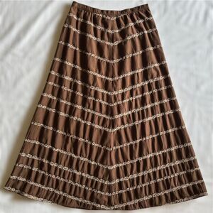 Talbots Petites Brown Midi Prairie Skirt W/ Cream Striped Embroidery‎ Sz 4P Boho